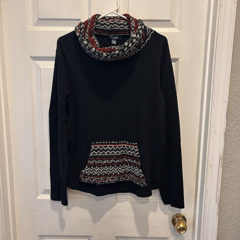 Chaps Womens XL Black Cowl Neck Pullover Fair Isle Kangaroo Pocket Sweatshirt